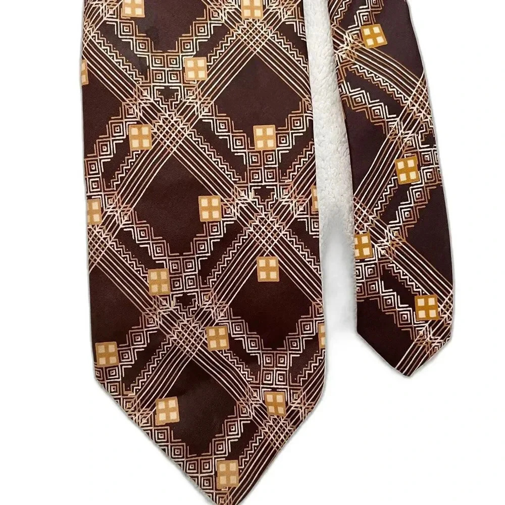 Vintage Pierre Cardin Men’s Brown Plaid Geometric Retro Silk Tie